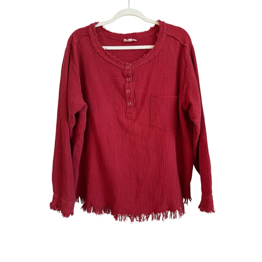 ee: some Womens Long Sleeve Raw Hem Henley Style Blouse Rust Red Size Large Boho